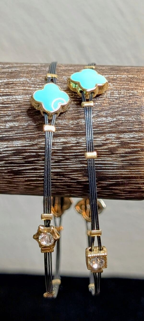 Two Wire Turquoise Enamel Trefoil Rhinestone Flexible Bangle Bracelets